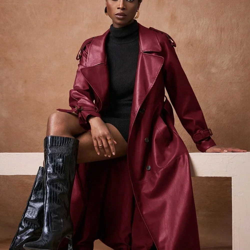 Burgundy Elegant Women's Lapel faux leather belted Long trench Coat - Picture 5 of 8